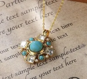 Authentic Gold Plated Cable Chain Necklace w/ Round Turquoise Bezel Charm, Crystal Pearl