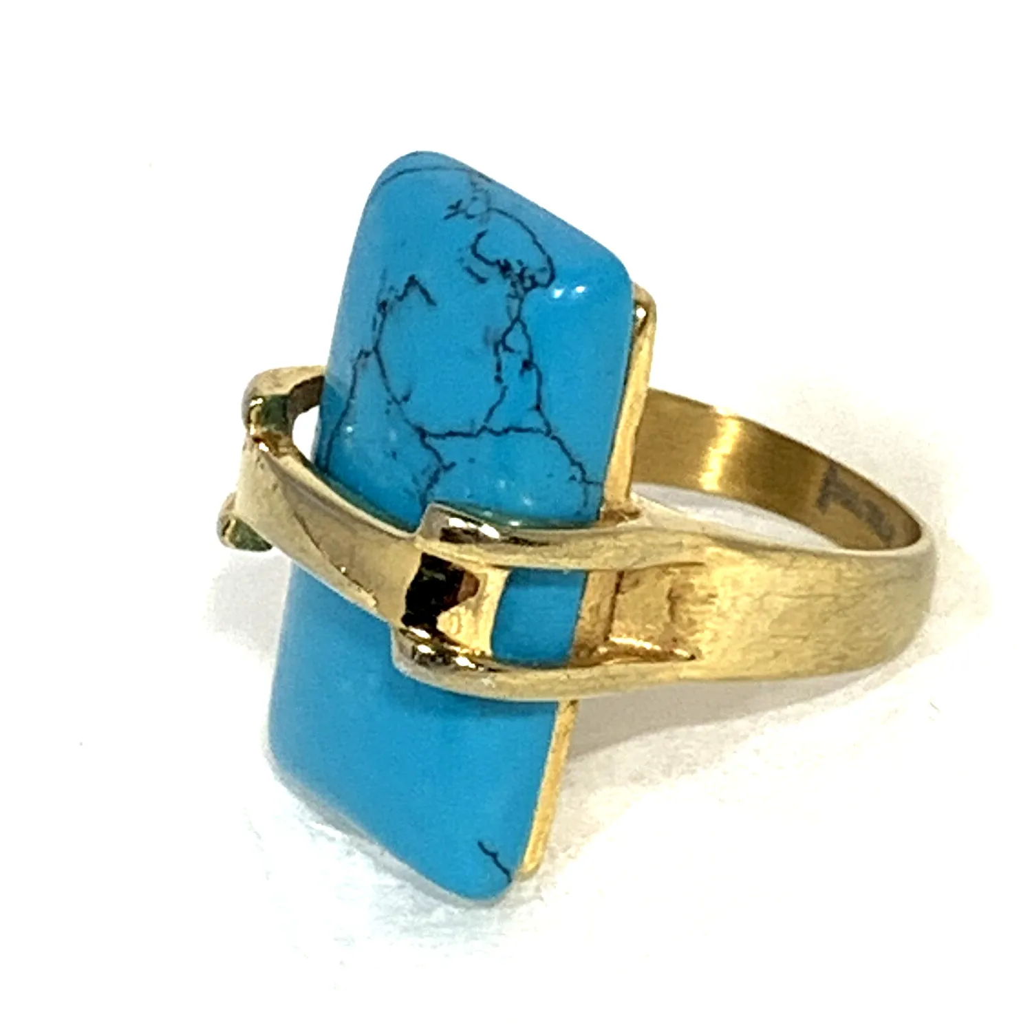 Authentic STEELTIME Stainless Steel Turquoise Ring Faux Stone Gold Plated Sz 8 Statement