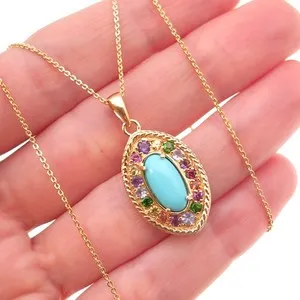 Authentic D'Joy Sterling Silver Gold Plated Real Turquoise & Multi-Gem Chain Necklace 20"