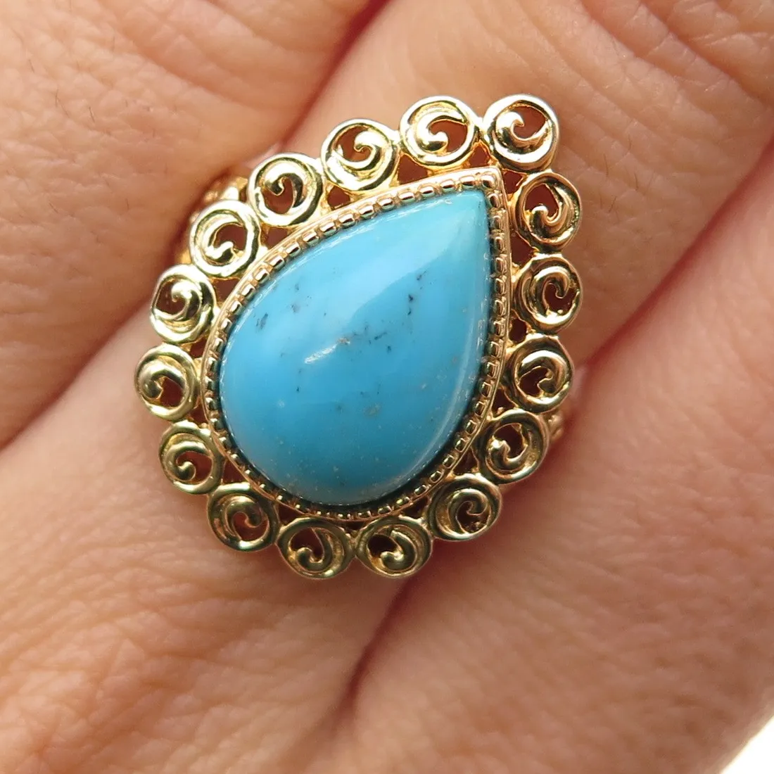 Authentic ROSS SIMONS 925 Sterling Silver Gold Plated Vintage Real Turquoise Ring Size 7