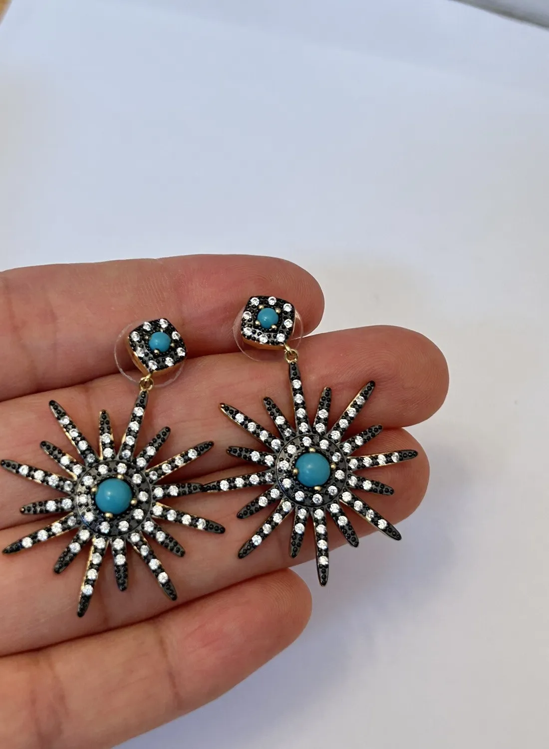 Authentic Celestial Radiance Starburst Earrings in 14K Yellow Gold and Turquoise