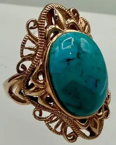 Authentic ESTATE ROSE GOLD PLATED OVAL CUT HOWLITE TURQUOISE FILIGREE RING SIZE 7