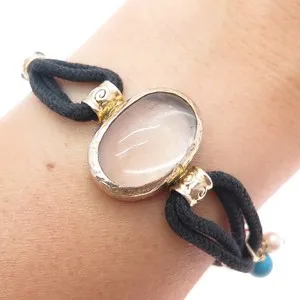 Authentic 925 Sterling Gold Plated Vintage Real Quartz Pearl Coral Turquoise Bracelet 5.5"