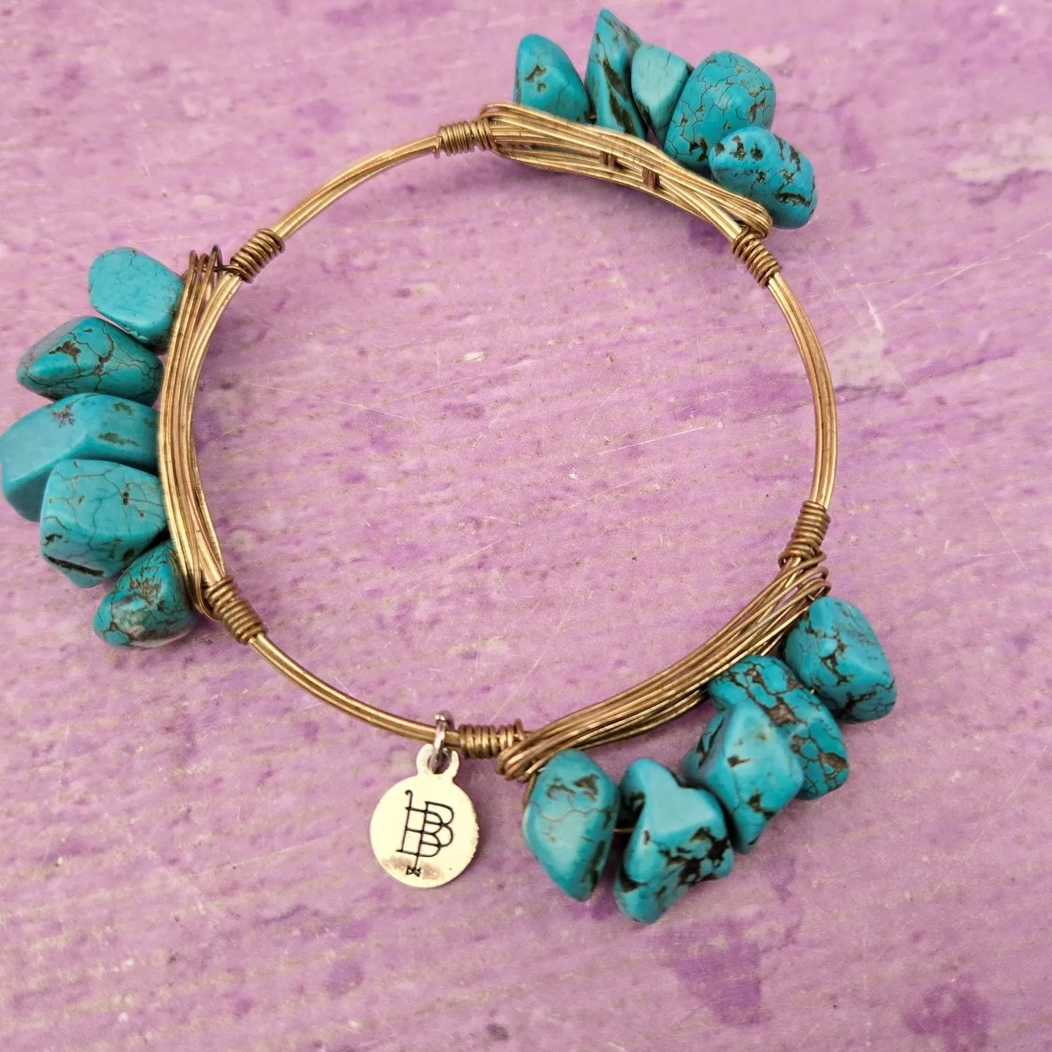 Authentic Bourbon & Bowties Sacred Bangle – Turquoise & Howlite Gold‑Plated Wire‑Wrapped Amulet of Serenity
