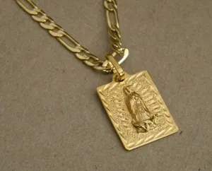 Authentic Lady's Girl's Figaro Necklace Chain & Square Mother Mary Charm Set Gold Plated