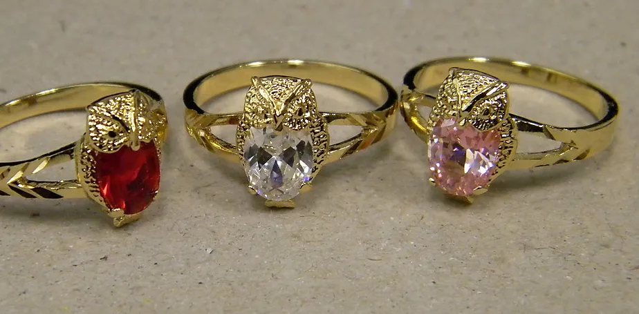 Authentic Lady's Girl's Yellow Gold Plated Fashion Owl Ring Red Ruby Birthstone CZ Size 7