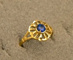 Authentic Lady's Girl's Yellow Gold Plated Fashion Ring Size 7.5 Blue Round CZ