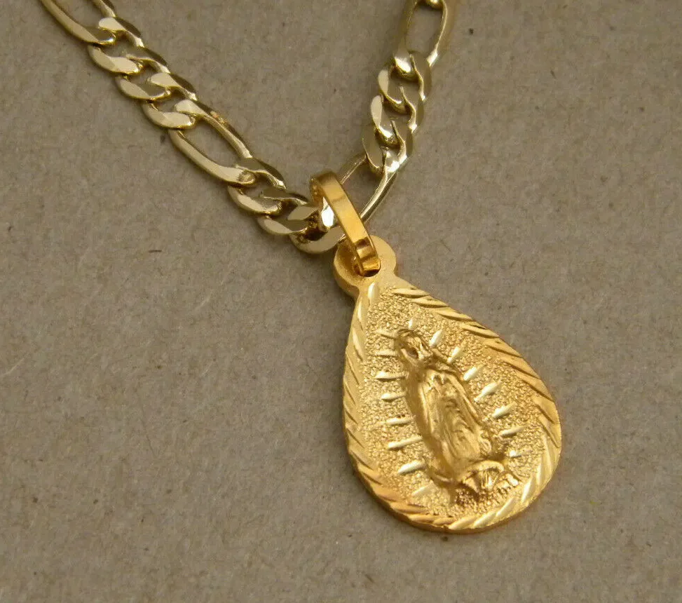 Authentic The Sanctuary of Grace: Mother Mary Figaro Chain and Pear-Shape Charm Set in Luminous Yellow Gold