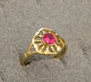 Authentic Lady's Girl's Yellow Gold Plated Fashion Ring Size 7.5 Red Round CZ