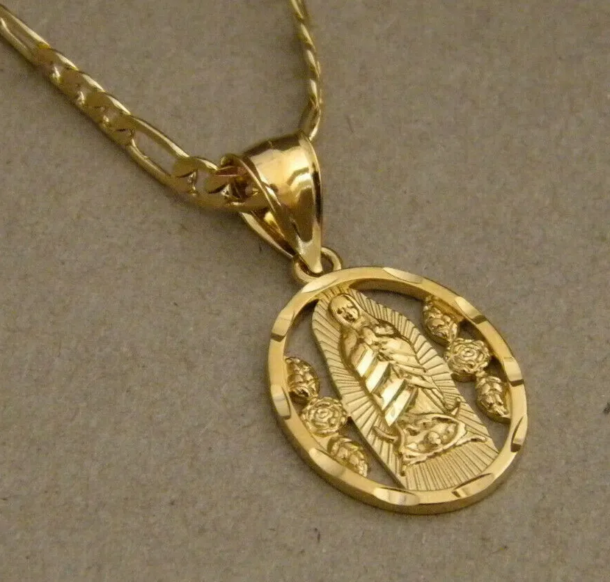 Authentic Lady's Girl's 20in Yellow Gold Plated Figaro Chain & Oval Mother Mary Charm Set 
