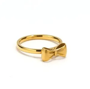 Authentic 18K Gold Plated Women's Girl's Fashion Bow Knot Ring Stainless Steel Pinky Ring