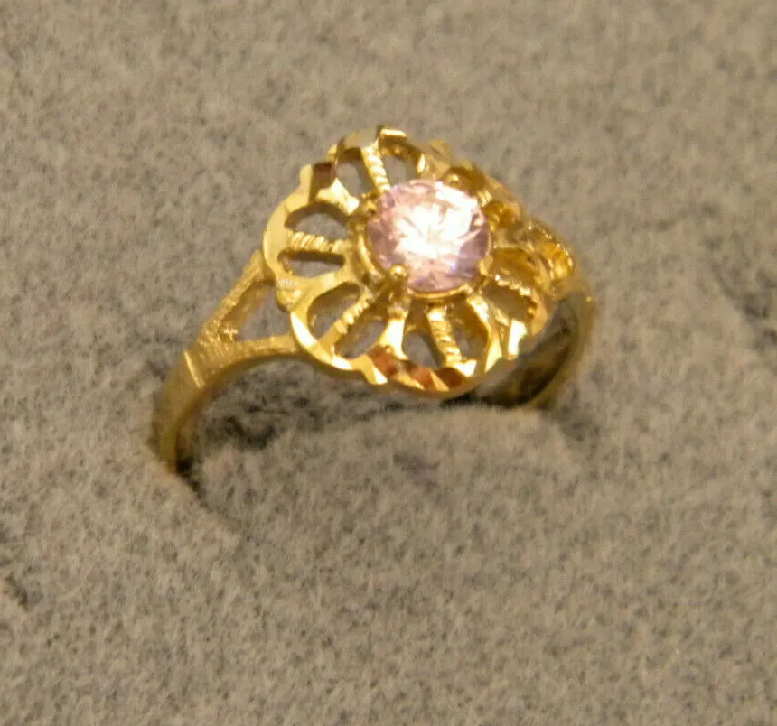 Authentic Lady's Girl's Yellow Gold Plated Fashion Ring Size 7.5 Pink Round CZ