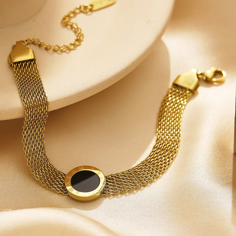 Authentic Wide Strap Shape Roman Number Titanium Bracelet with Enamel 18K Gold Plated Waterproof Non Allergy Jewelry for Women Girls