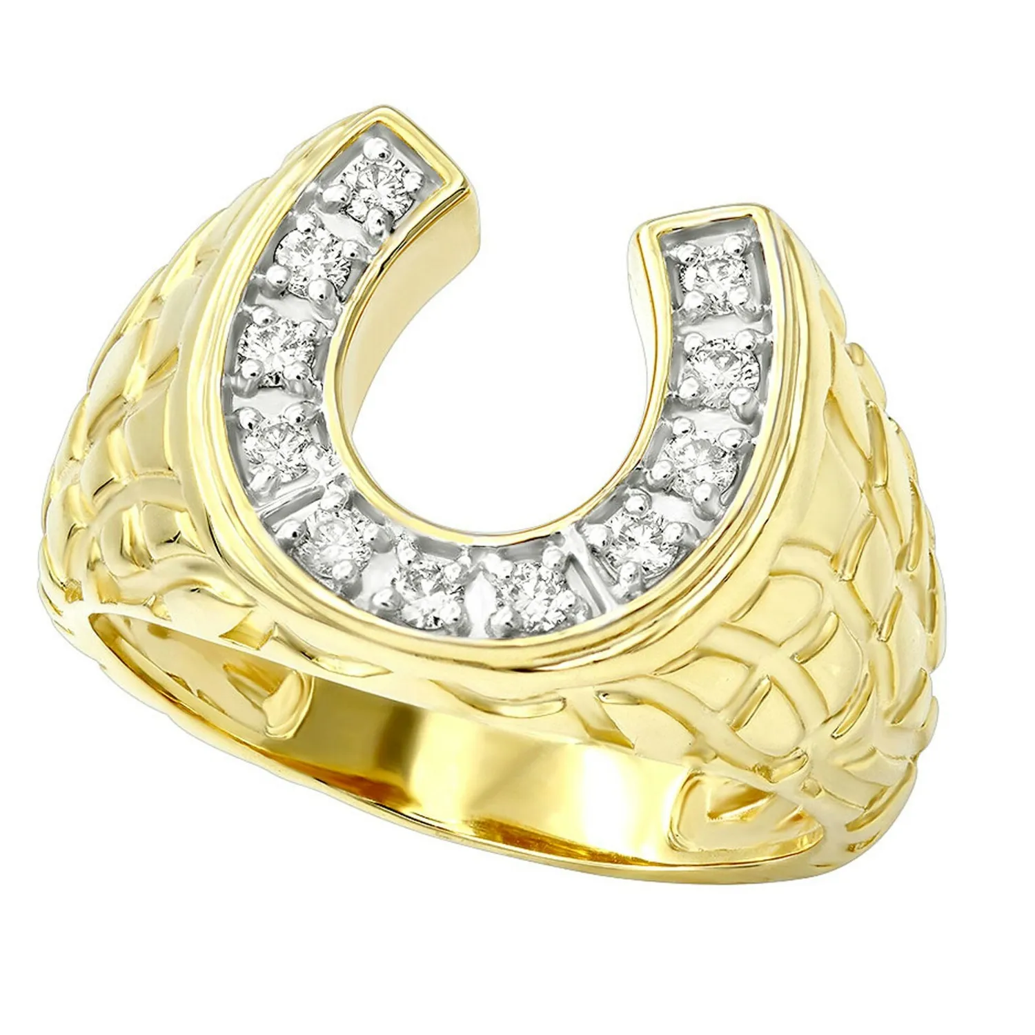 Authentic GOOD LUCK MEN'S 14K Gold Plated Nugget HORSESHOE Moissanite Pinky Ring DAD