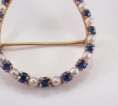 Authentic Horseshoe of Sapphire Fortune: 2Ct Lab Created Sapphire Horseshoe Brooch Pin in 14K Yellow Gold Plated Elegance