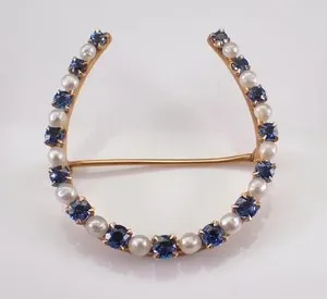 Authentic 2Ct Round Cut Lab Created Sapphire Horseshoe Brooch Pin 14K Yellow Gold Plated