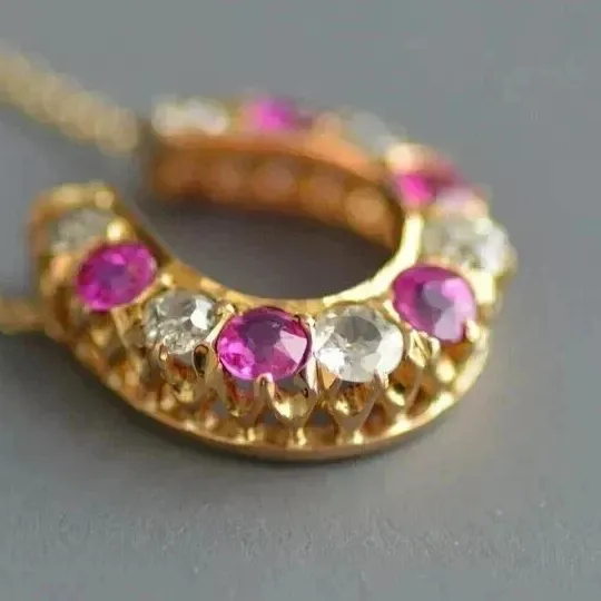 Authentic 2 Ct Round Cut Lab Created Ruby Horseshoe Pendant 14K Yellow Gold Plated Silver
