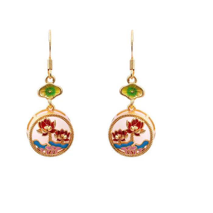 Authentic Natural Jade Lotus Earrings 18K Gold Plated Real Jewelry Fashion Accessories