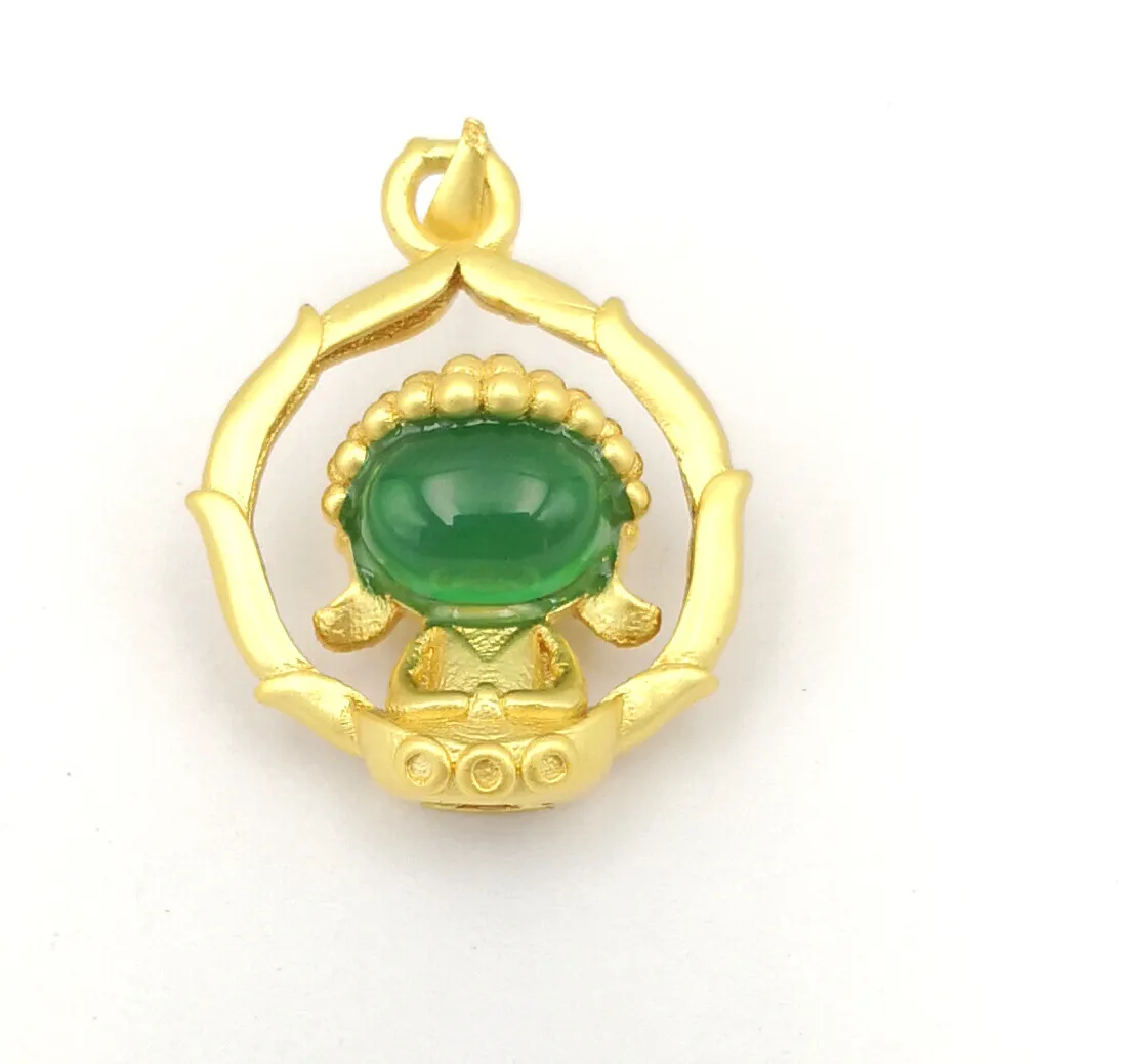 Authentic Genuine Green Chalcedony Agate Jade 18KGP Baby Kid Buddha Lotus Pendant Necklace