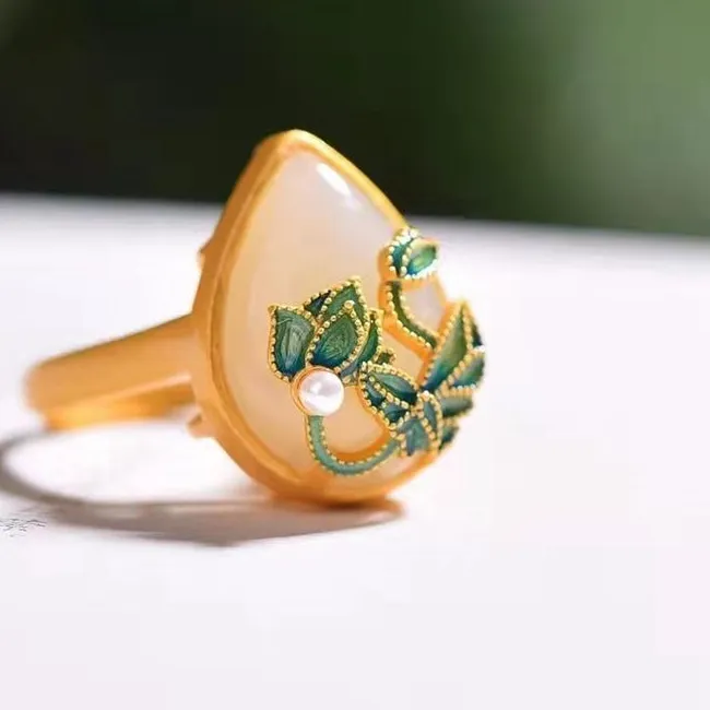 Authentic White Natural Jade Lotus Rings 18K Gold Plated Real Jewelry Talismans