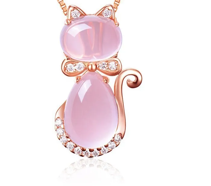 Authentic  Pink Lotus Stone Cat Shape Pendant Chain  Rose Gold Plated Necklace