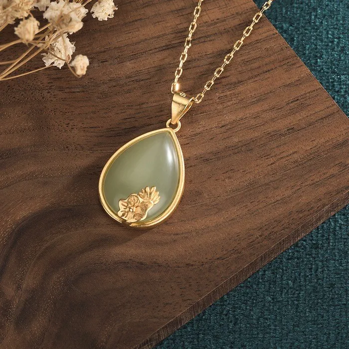 Authentic Natural Jade Lotus Pendant Necklace Real Jewelry Vintage Charm 18K Gold Plated