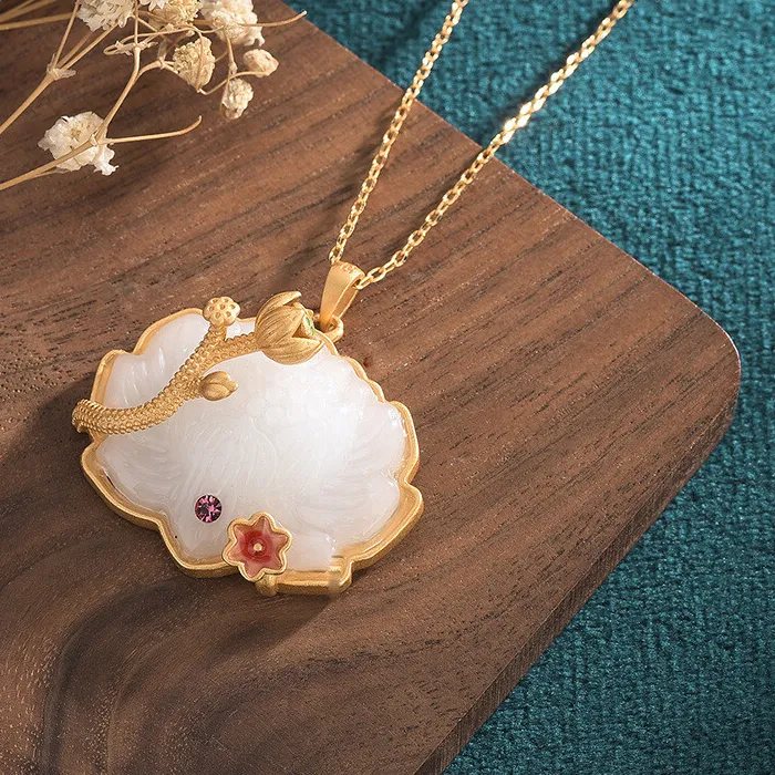 Authentic White Natural Jade Lotus Pendant Necklace 18K Gold Plated Real Jewelry
