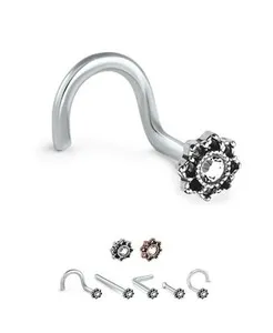 Authentic Steel or Rose Gold Plated Screw Nose Ring L Bend Bone Clear CZ Lotus Flower 20G