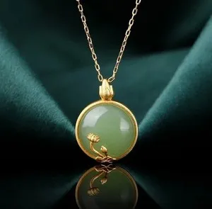 Authentic Vintage 925 Silver Gold-Plated Jade Jadeite Pendant Necklace with Lotus Blossom
