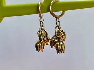 Authentic flower huggie earrings lotus blossom drop gold plated cute