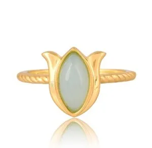 Authentic 18K Solid Gold Plated Lotus Design Ring Twisted Band Chalcedony Marquise Ring