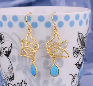 Authentic 18K Gold Plated Handmade Lotus Design Blue Turquoise Women Fashion Earrings