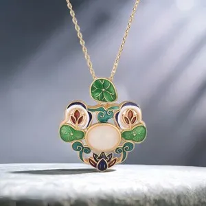 Authentic White Real Jade Lotus Pendant Necklace 18K Gold Plated Natural Jewelry