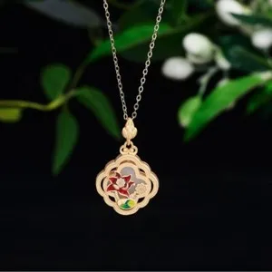 Authentic White Natural Jade Lotus Pendant Necklace 18K Gold Plated Real Jewelry