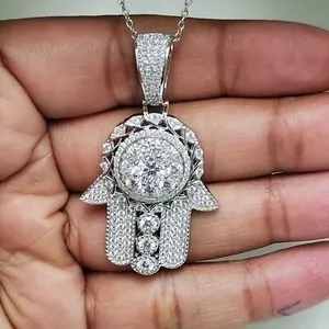 Authentic 1Ct Round Cut Lab Created  Moissanite Hamsa Hand Pendant 14k White Gold Plated