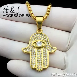 Authentic 18"-36"Stainless Steel 3mm Gold Plated Box Link Chain CZ 3D Hamsa Pendant*AGP140
