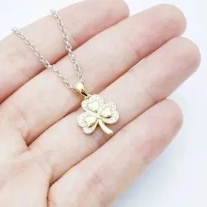 Authentic Natural Moissanite Shamrock Pendant 18" Necklace Two Tone Gold Plated Silver