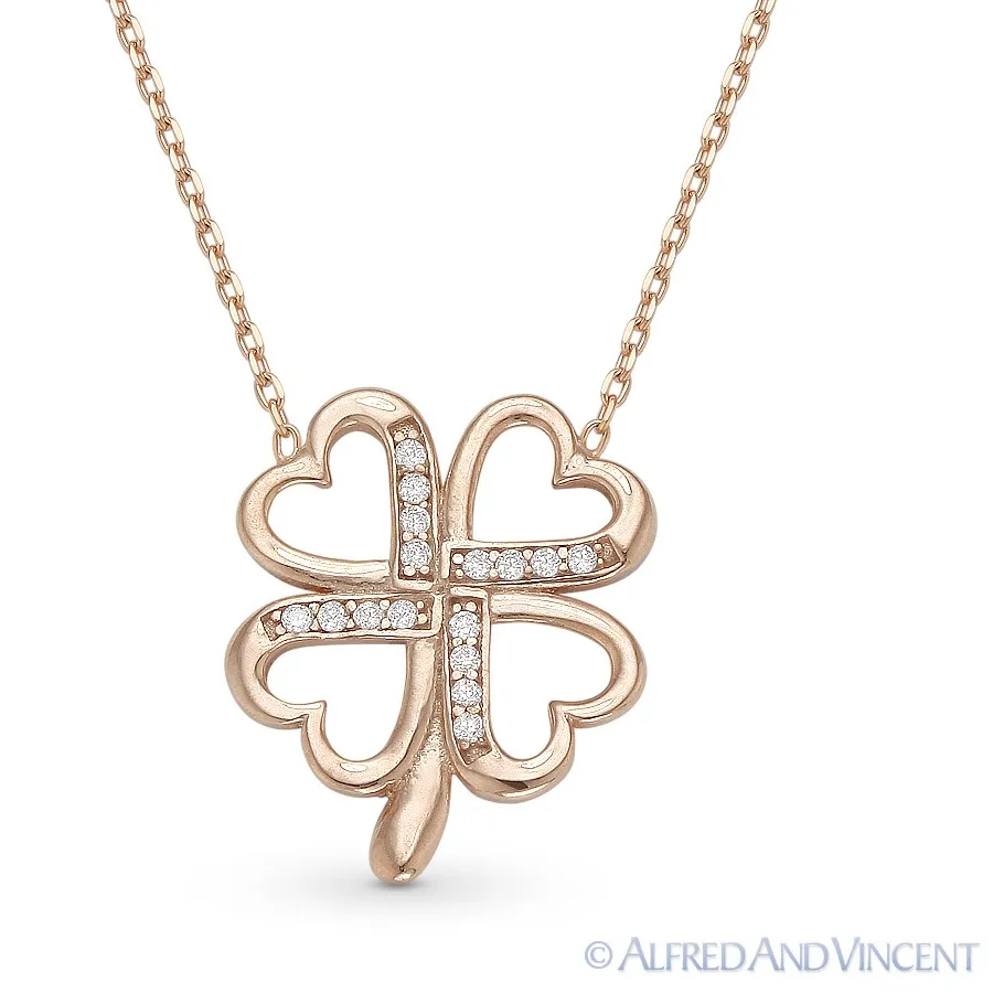 Authentic 4-Heart Leaf Irish Clover Shamrock Charm CZ Crystal Necklace in Sterling Silver