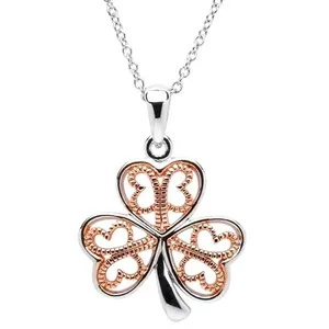 Authentic Shamrock Pendant Clover Shape Necklace 14K White-Rose Gold Plated Silver