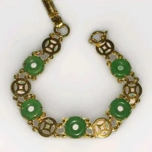 Authentic Yellow Gold Plated Dark Green JADE Donut Asian Bracelet 7.2" Unsigned Sale!