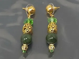 Authentic Vintage Natural Green Jade Gold Plated Dangling Pierced Earrings