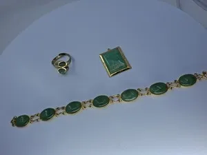 Authentic Vivid Green Genuine Jade 3pc Gold Plated Set- Brac, Pendant Necklace, Ring