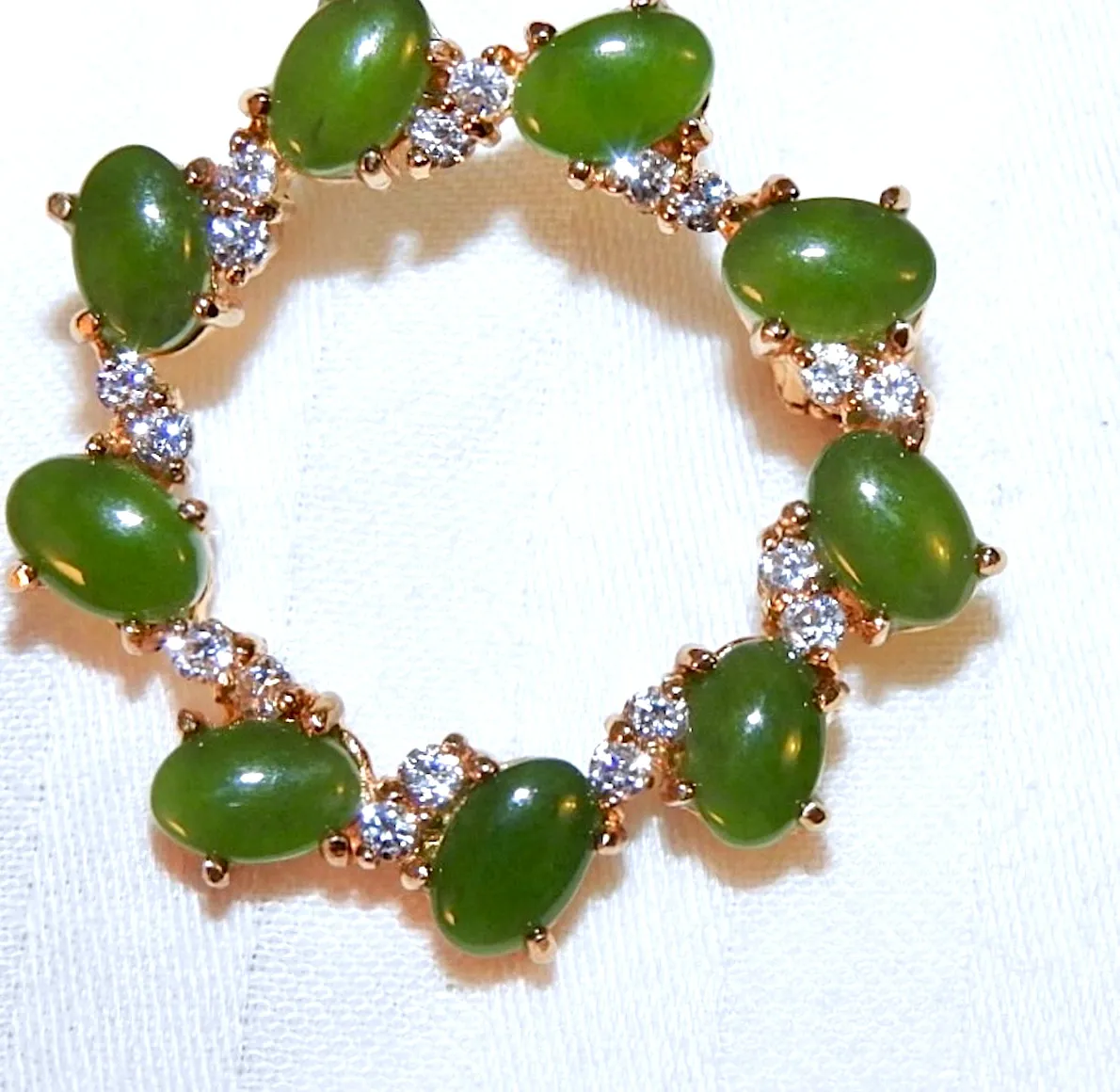 Authentic Nephrite Jade Pin Sterling Silver with Cubic Zirconia Gold Plated