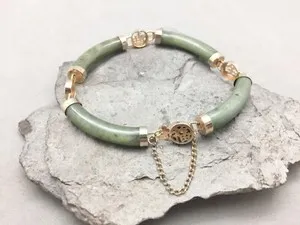 Authentic Jade Jadeite Bracelet Curved Link Gold Plated Asian Longevity Symbol 7.5" Safety
