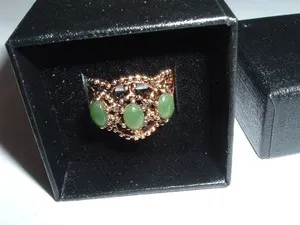 Authentic Vintage Mid-Century 3 Jade Gold Plated Ring, size 6 in Ring Box