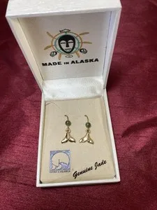 Authentic Earrings Gold Plated Alaskan Jade Whale Tail French Wire Pierced