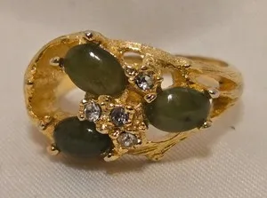 Authentic Vintage 1980's Genuine Jade and Cubic Zirconia Cluster Ring - Gold Plated