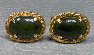 Authentic Vintage Rope Border Jade Yellow Gold Plated Cuff Links