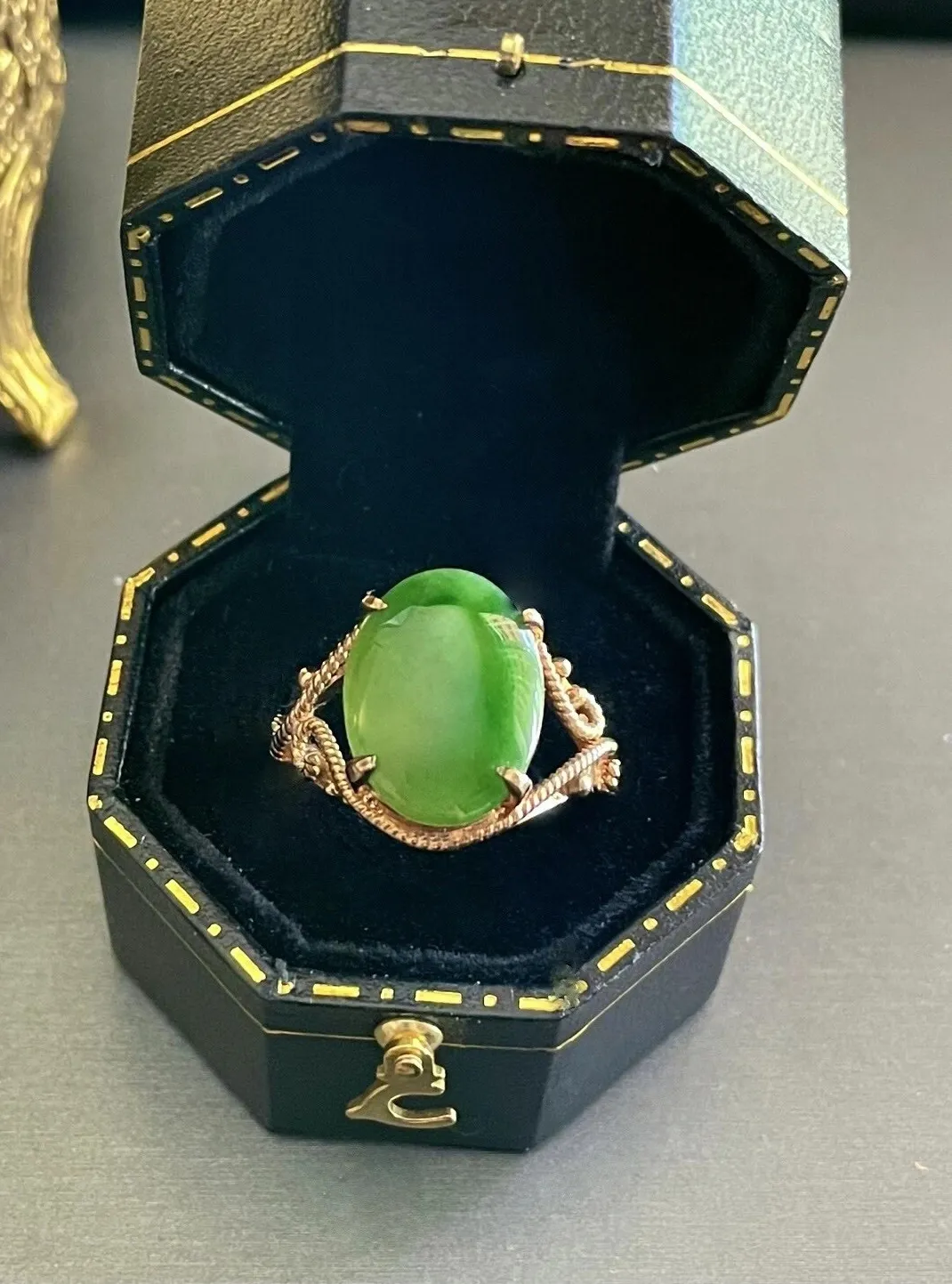 Authentic vintage Natural green jade ring  14K Gold  Plated ring  Size 5.25
