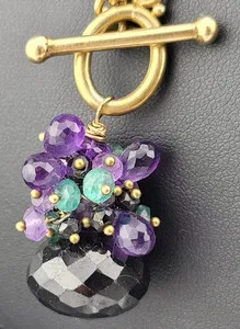 Authentic Black Jade Purple Amethyst Briolette Charm Pendant Gold Plated Chain 20"Necklace